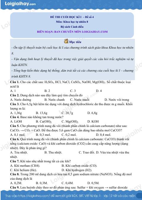 Đề thi học kì 1 KHTN 8 Cánh diều - Đề số 4